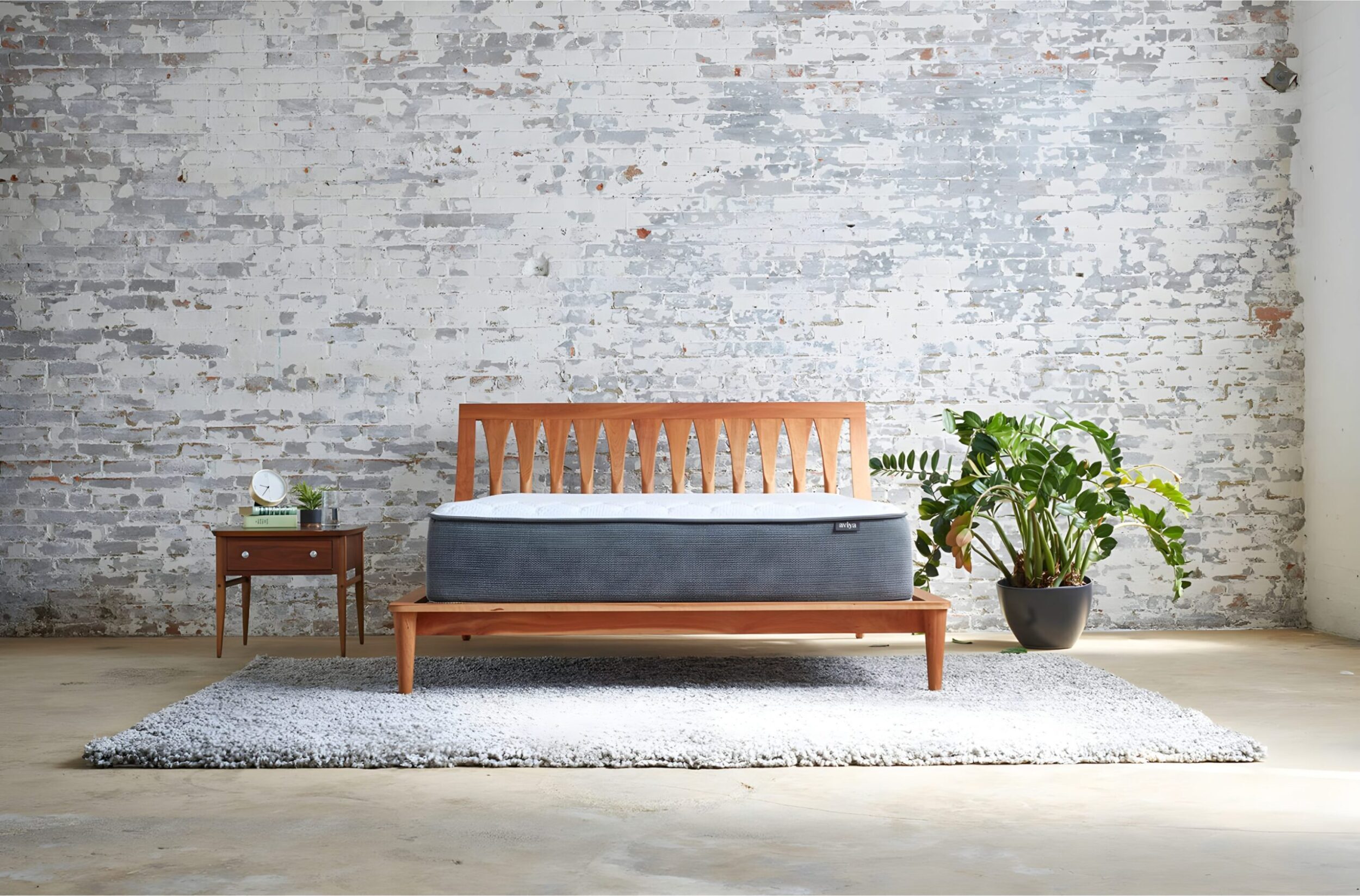 Modern bedroom with wooden bed frame, gray mattress, shag rug, side table, and green plant against distressed brick wall