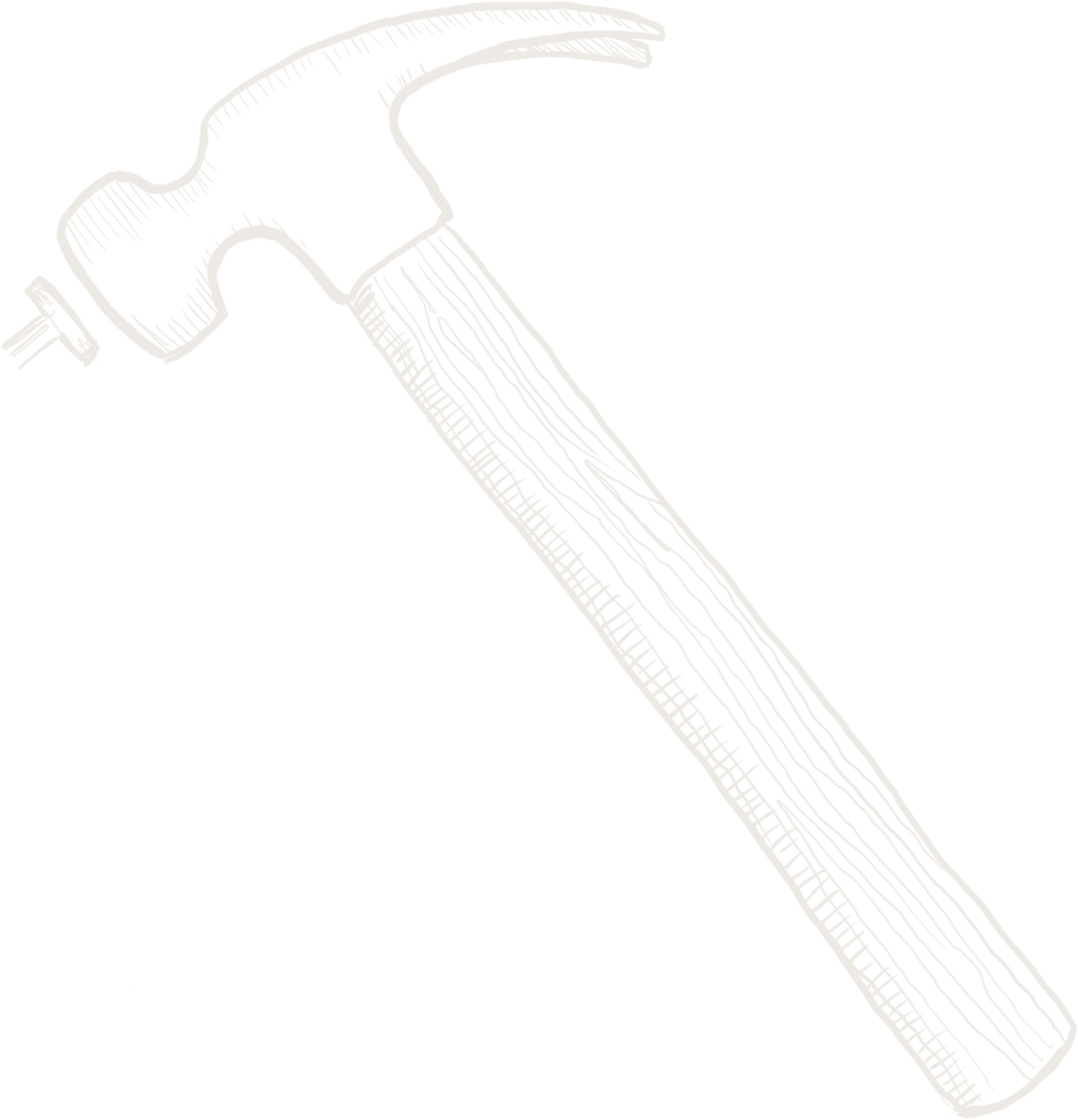 Minimal line-art illustration of a hammer with a wooden handle and metal head, angled diagonally on a white background.
