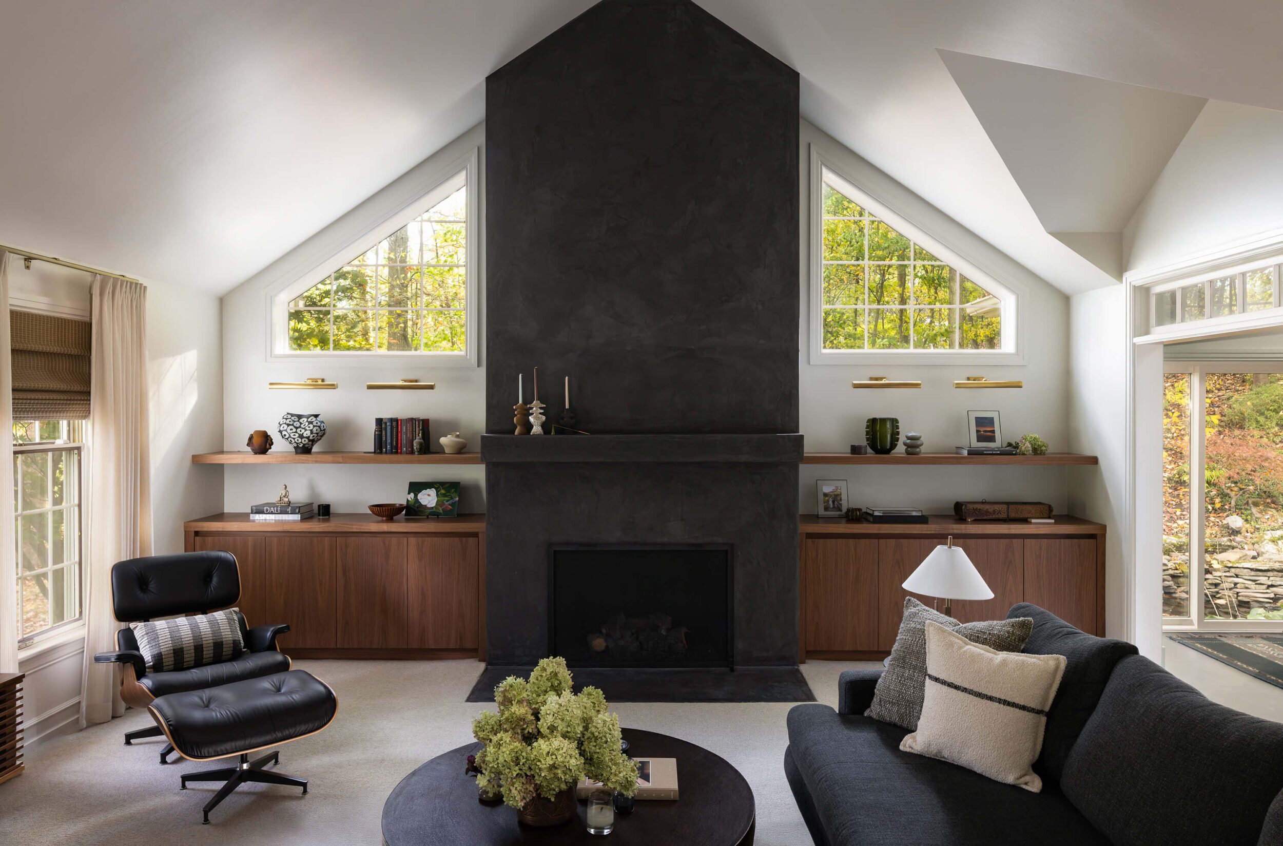 Japandi living room custom walnut cabinetry