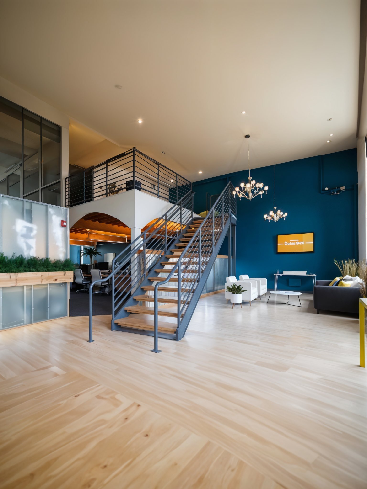 Modern office lobby with wooden floors, central staircase, blue accent wall, chandeliers, and seating area.