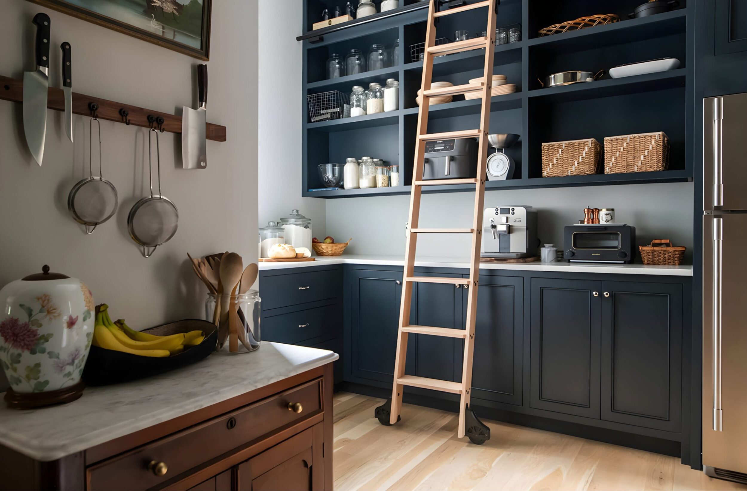 Pantry with navy cabinetry, rolling ladder, open shelving, and countertop appliances for kitchen storage.