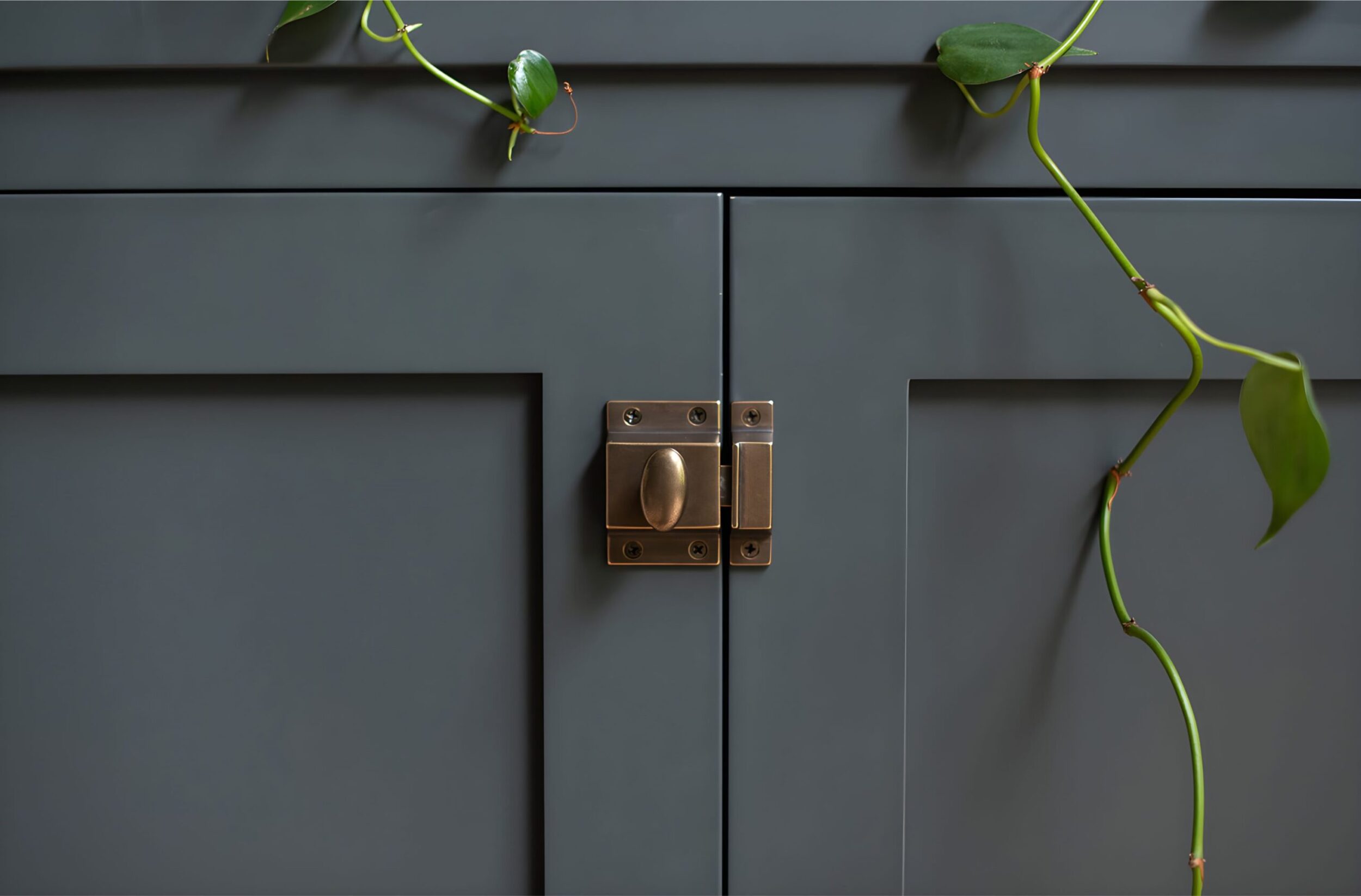 Close-up of dark gray cabinet doors with brass latch hardware and trailing green vines adding natural touch.