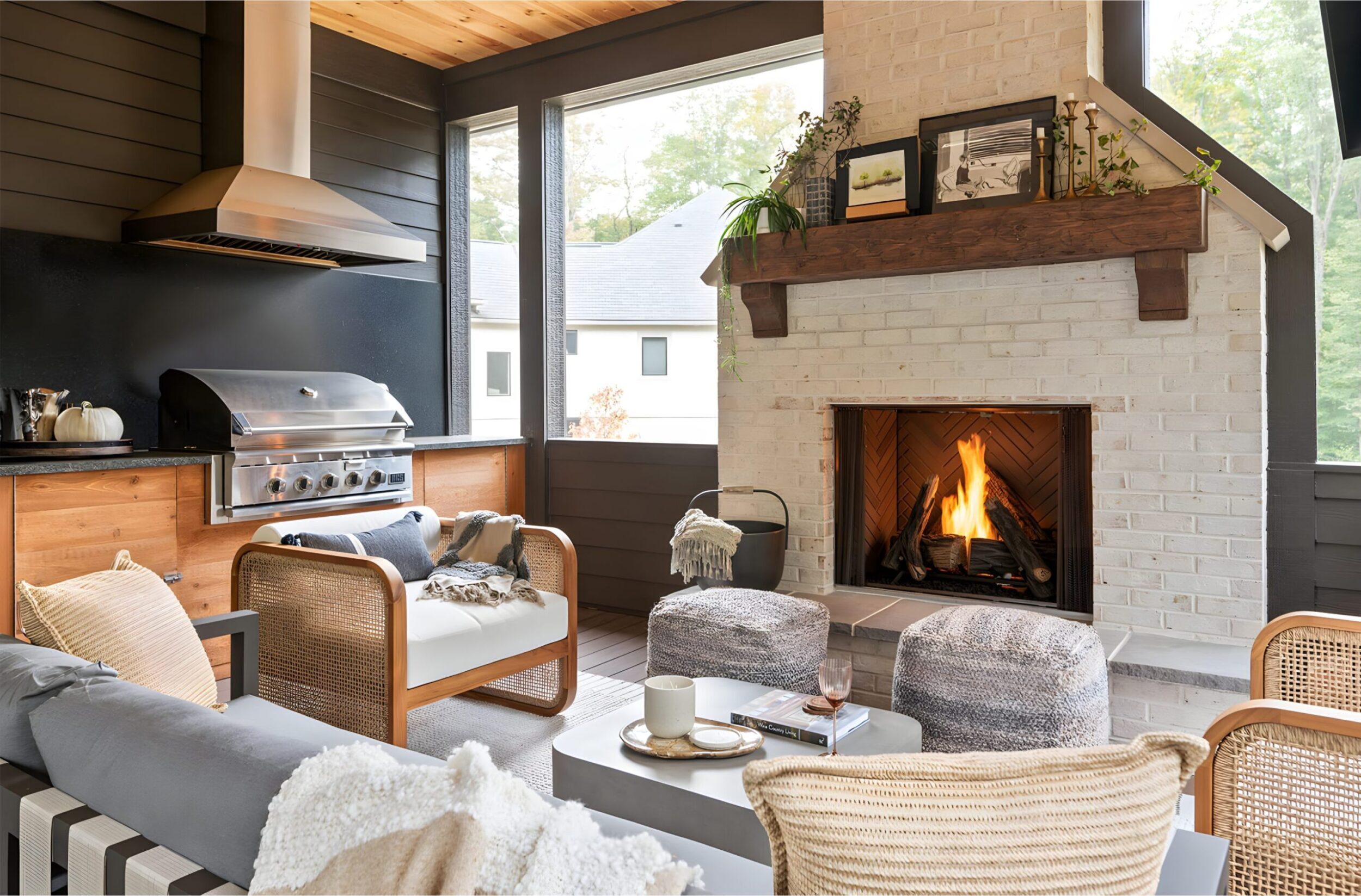 Outdoor living space with grill, white brick fireplace, wooden furniture, and cozy seating around a burning fire