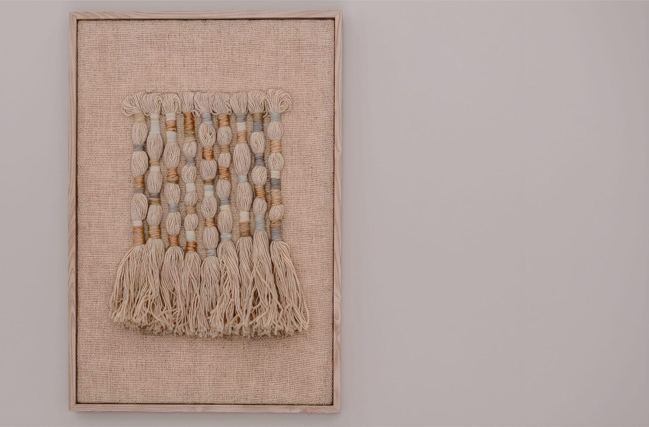 Woven textile wall art framed with neutral tones, showcasing knotted tassels and natural fibers in a minimalist display