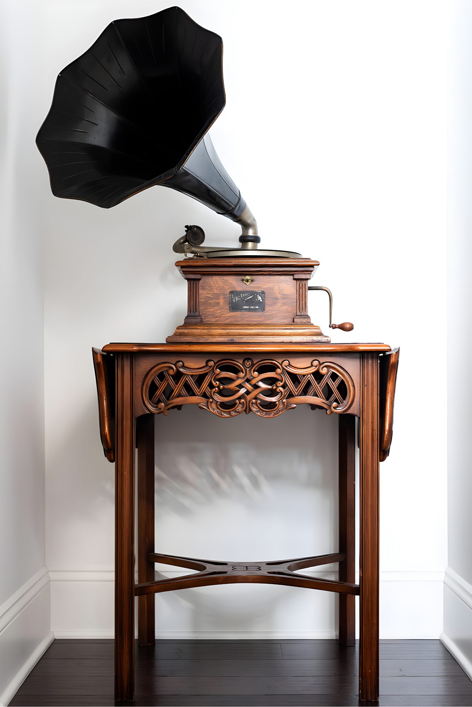 Antique wooden phonograph with ornate carvings and large black horn, displayed against a plain white wall