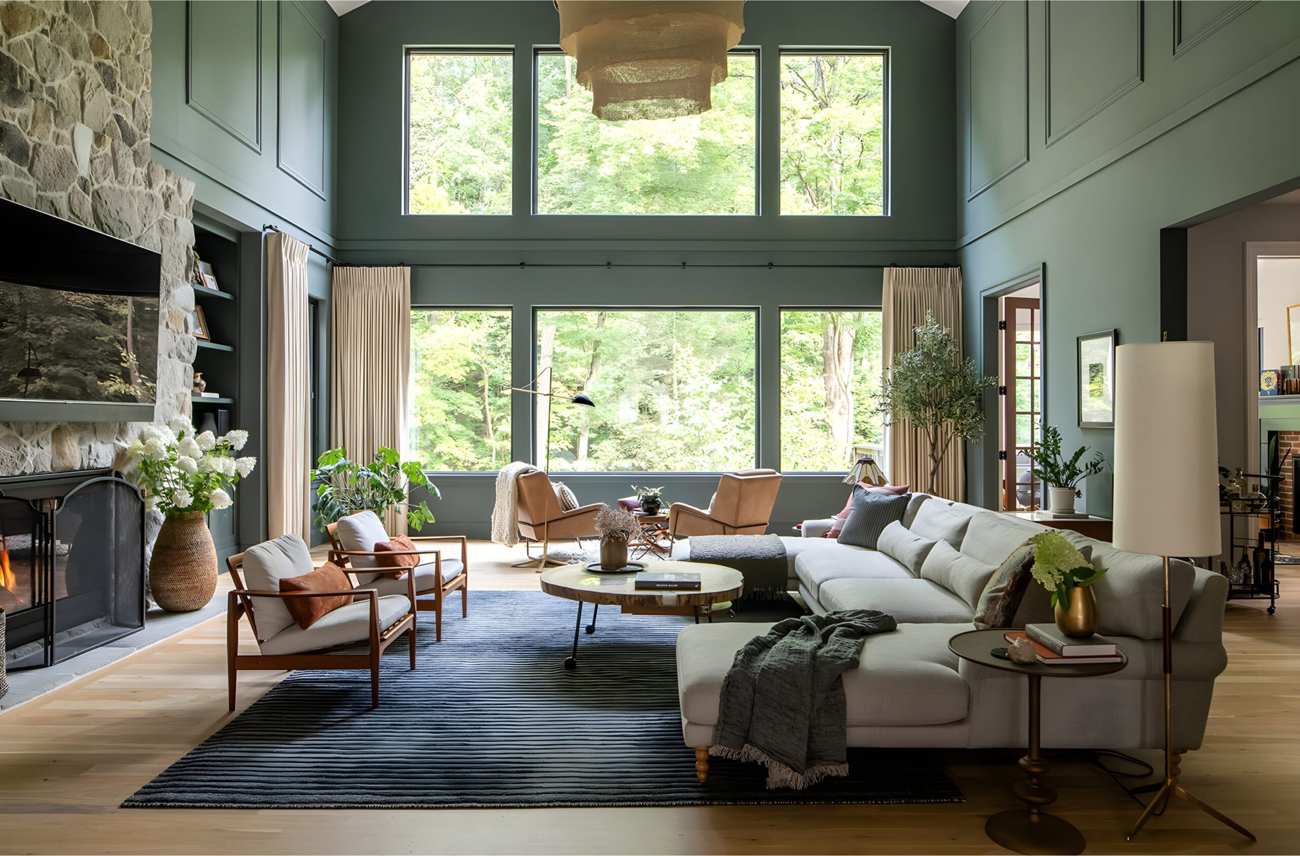 Large living room with stone fireplace, sectional sofa, tall windows, and greenery