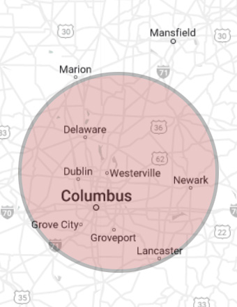 Map highlighting Columbus, Ohio with red circular radius covering surrounding cities including Dublin, Newark, Lancaster