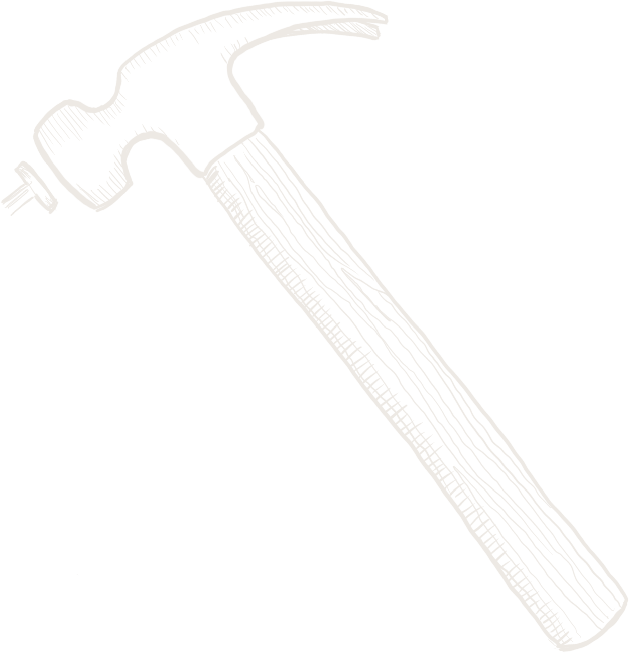 Minimal line-art illustration of a hammer with a wooden handle and metal head, angled diagonally on a white background.