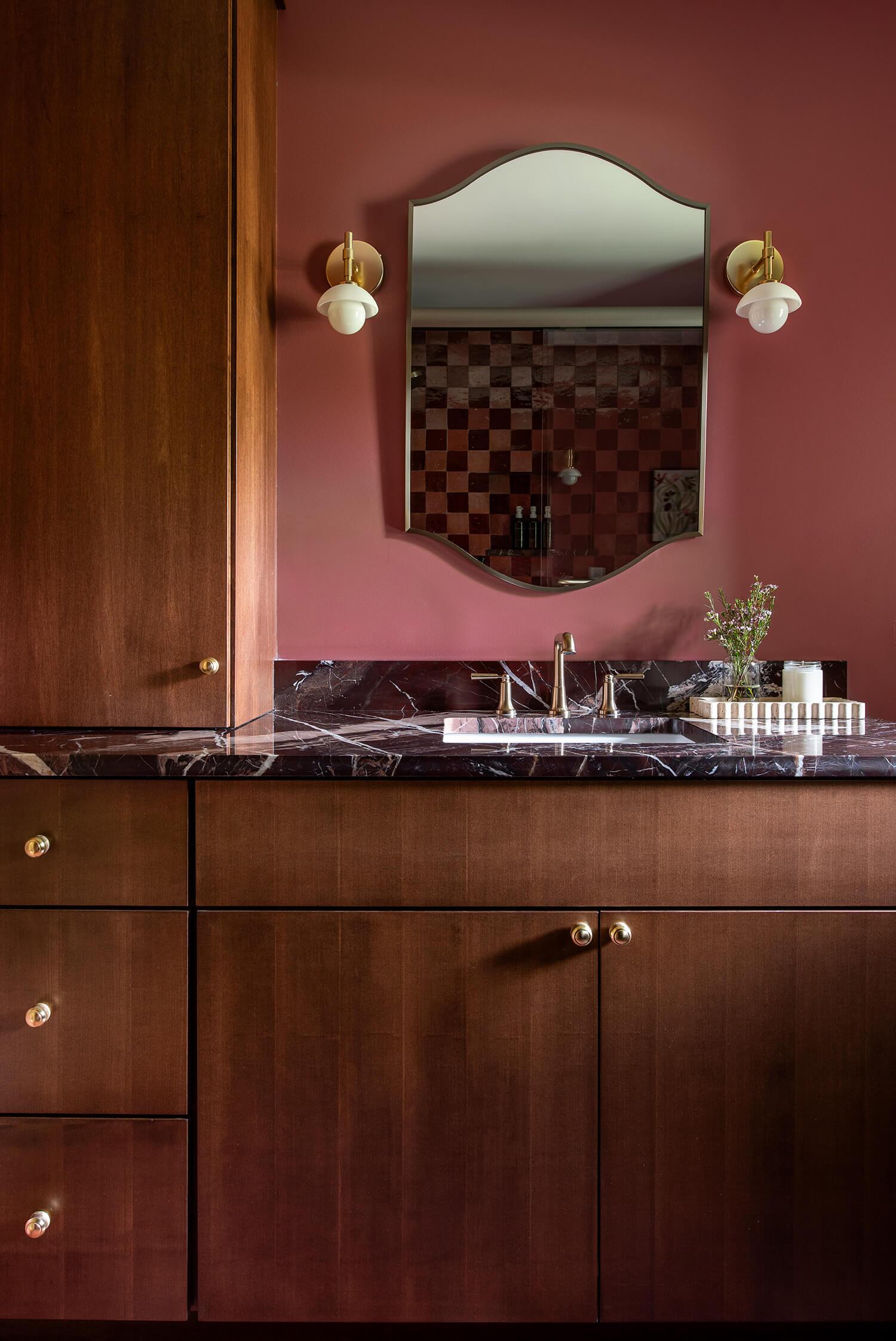 burgundy reds modern bathroom zellige tiles
